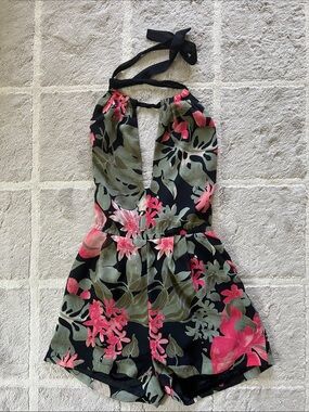 bebe Black Floral Halter Romper with Pink & Olive Green Print